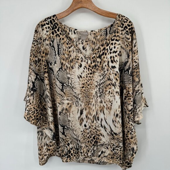 Chico's 3 Women's Animal Print V-Neck satin Poncho Top blouse Size XL - Picture 6 of 15